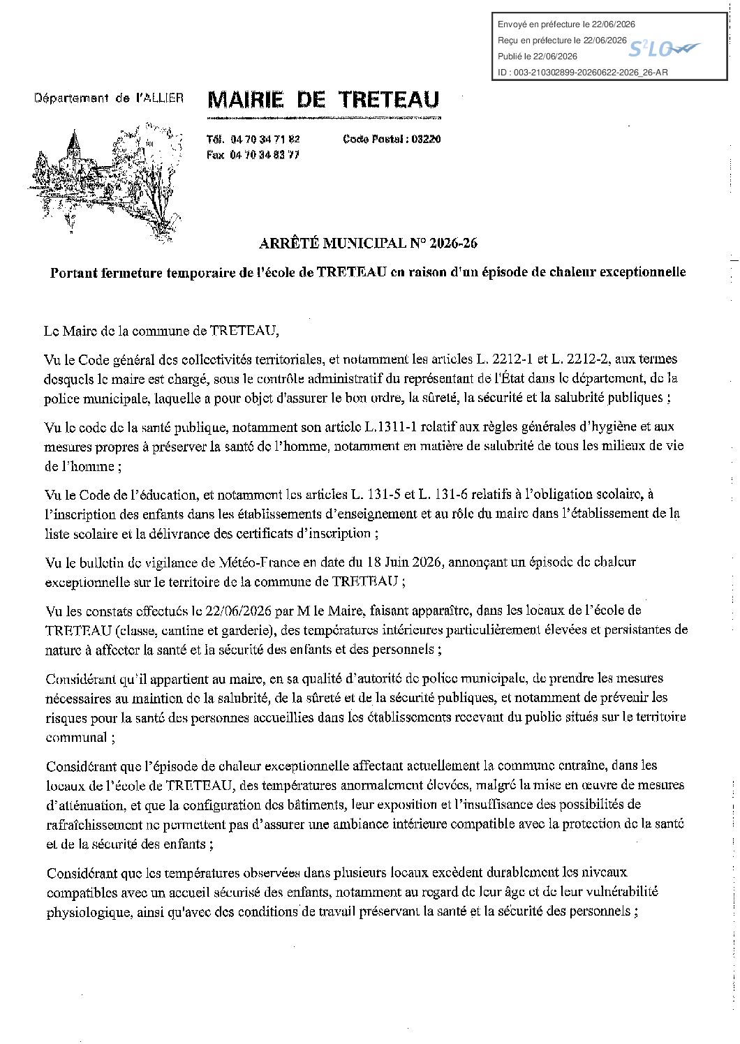 2026-26_Arrêté portant fermeture temporaire de l'école de TRETEAU en raison d'un épisode de chaleur exceptionnelle